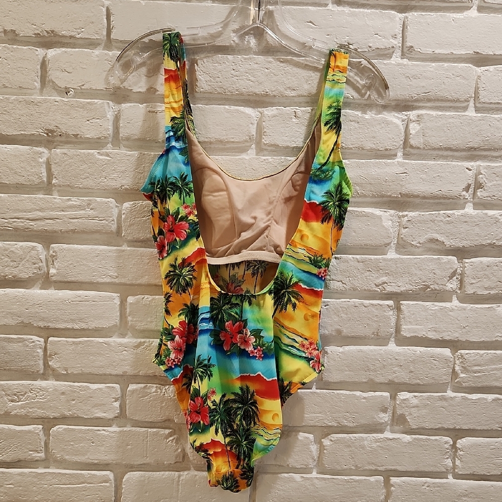 Yellow and Green One Piece Swimwear with Tropical Print and Playful Pom Poms - Picture 2 of 7